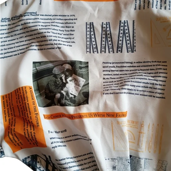 HALFHEART Shirt Dress Newspaper Print Button Down White Orange Gray LARGE - Picture 7 of 9